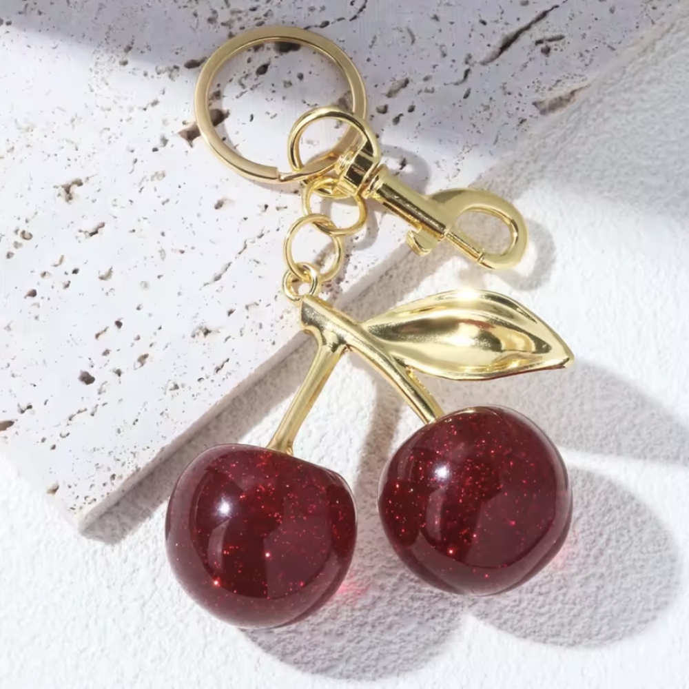 Glitter Cherries Large Red Gold  Bag Charm Keychain